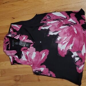 INC International Concepts Black & Pink Floral Collared Sleeveless Top